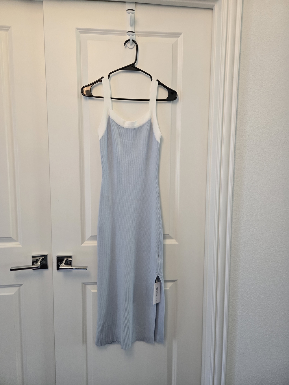 NEW Women's Light Blue & White Rib Knit Bodycon Dress S - Maternity Friendly!